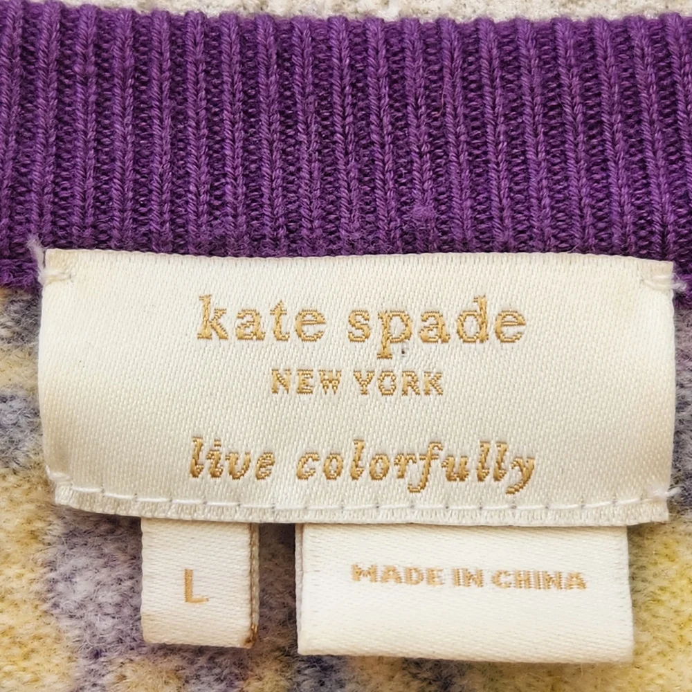 KATE SPADE Women's Cardigan Large Purple Yellow Paisley Wool Silk Blend Sweater - Picture 4 of 10